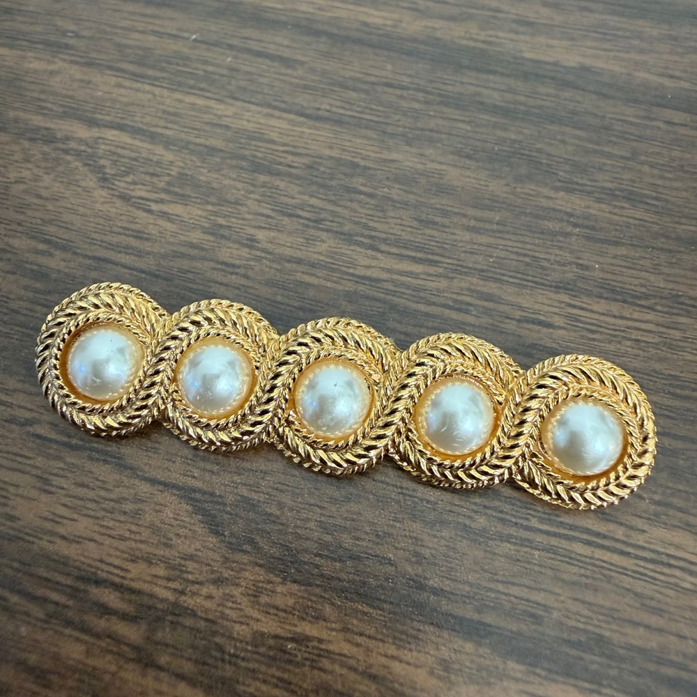 Napier Vintage Gold Tone Faux Pearl Rope Border Bar Brooch Pin